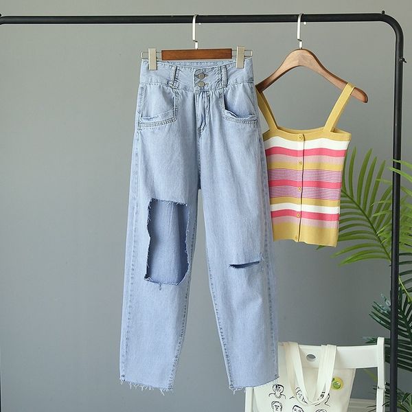women's jeans woman hole mom high waist women two buckle boyfriend for straight, Blue
women's jeans woman hole mom high waist women two buckle boyfriend for straight, Blue