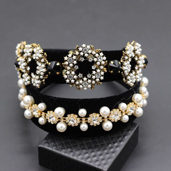 baroque fashion wild luxury ball personality headband new baroque full pearl circle geometry retro hair accessories headband 854, Golden;white