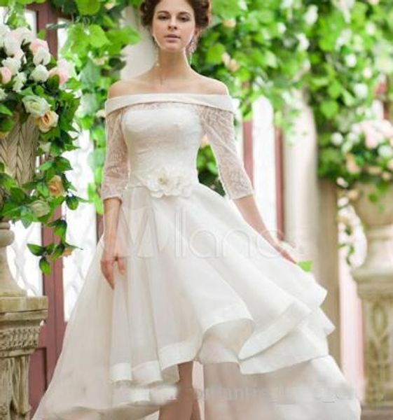 High Low Lace Wedding Dresses 2019 Hot Selling New Off-the-shoulder Pleats Matched Flower Sash A-Line Half Sleeve Vintage Bridal Gowns 
High Low Lace Wedding Dresses 2019 Hot Selling New Off-the-shoulder Pleats Matched Flower Sash A-Line Half Sleeve Vintage Bridal Gowns