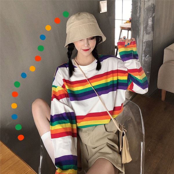 ins ultra-fire thin long sleeve t-shirt women's rainbow stripe clothing loose all-match early autumn mschf clothes, White
ins ultra-fire thin long sleeve t-shirt women's rainbow stripe clothing loose all-match early autumn mschf clothes, White