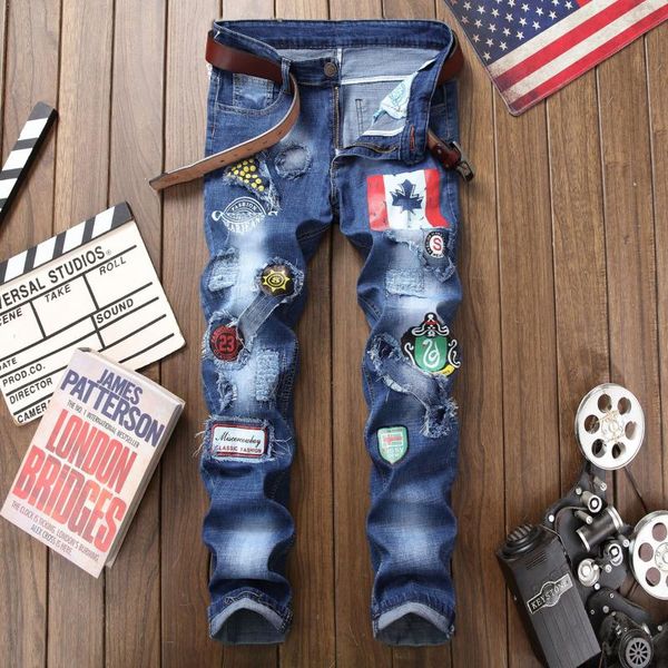 new men's jeans slim straight stretch patch badges trousers vintage ripped stylish hip-hop denim pants mens punk street style, Blue
new men's jeans slim straight stretch patch badges trousers vintage ripped stylish hip-hop denim pants mens punk street style, Blue