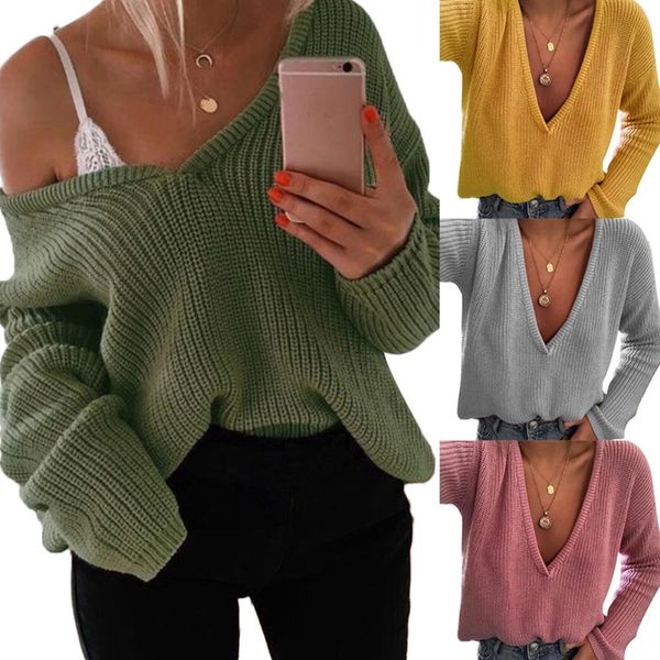 women casual solid color deep v knitted sweater jumper long sleeve pullover, White;black
women casual solid color deep v knitted sweater jumper long sleeve pullover, White;black