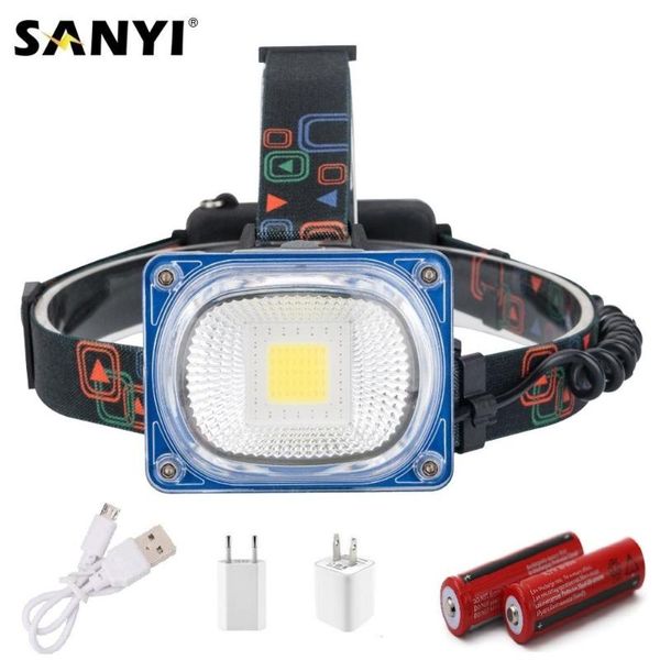 Wide Angle Headlight Headlamp Cob Rechargeable Head Lamp 3 Modes Torch Safety Warning Light+2x 18650 Battery + Usb Charger