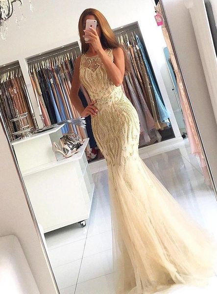 2019 new champagne mermaid prom dresses sheer neck beaded crystals illusion back sweep train formal evening party gowns custom made, Black
2019 new champagne mermaid prom dresses sheer neck beaded crystals illusion back sweep train formal evening party gowns custom made, Black