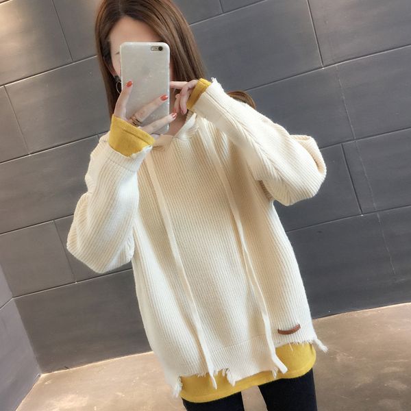 2019 autumn winter warm hooded sweater women's knit coat fake two piece long-sleeved female sweater pullover women's clothing, White;black
2019 autumn winter warm hooded sweater women's knit coat fake two piece long-sleeved female sweater pullover women's clothing, White;black
