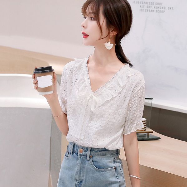 women's chiffon blouse women's v-neck hollow out stringy selvedge short sleeve summer bow tie shirt blusas mujer de moda 2019, White
women's chiffon blouse women's v-neck hollow out stringy selvedge short sleeve summer bow tie shirt blusas mujer de moda 2019, White