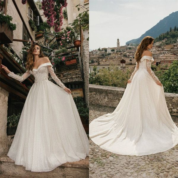 sparkling mistrelli wedding dress off-shoulder full appliqued lace sequins beaded bridal dress sweep train boho vestidos de novia, White
sparkling mistrelli wedding dress off-shoulder full appliqued lace sequins beaded bridal dress sweep train boho vestidos de novia, White