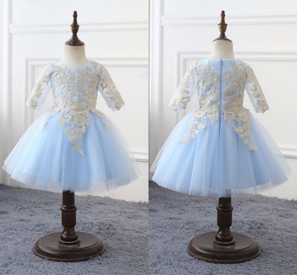 cute gold lace light blue flower girls dresses for wedding party with illusion sleeves short tulle prom first communion dress, White;blue
cute gold lace light blue flower girls dresses for wedding party with illusion sleeves short tulle prom first communion dress, White;blue