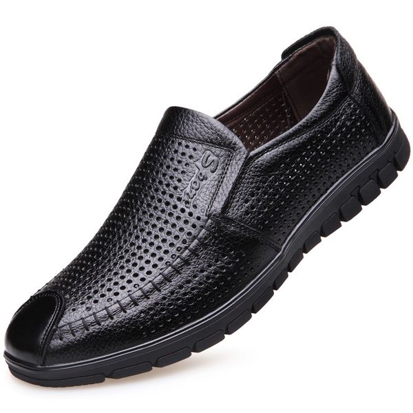 2019 men classics sandals summer fashion shoes hollow-out genuine leather casual comfortable shoes breathable men casual shoes, Black