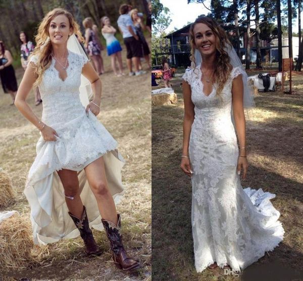 vintage country wedding dresses v neck cap sleeves floor length lace wedding dresses cowgirls high low backless bridal wedding gowns, White
vintage country wedding dresses v neck cap sleeves floor length lace wedding dresses cowgirls high low backless bridal wedding gowns, White