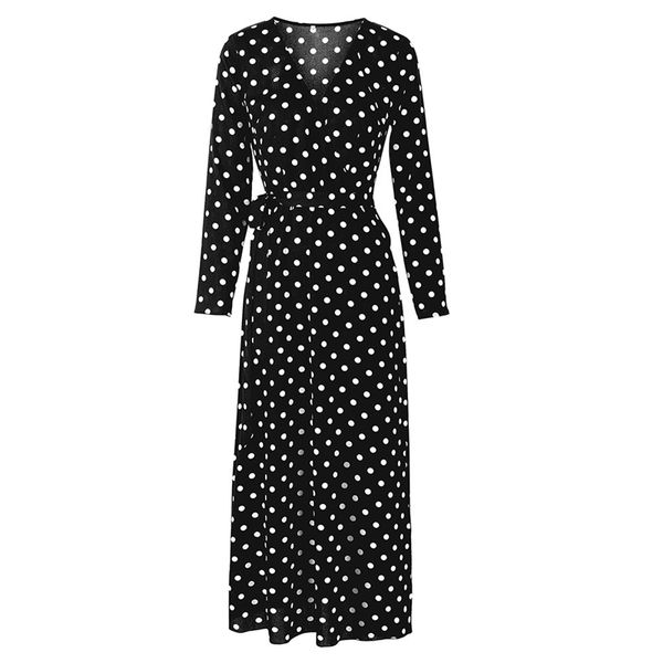 spring womens polka dot dresses deep v long sleeve female beachwears split solid ladies casual dresses with sashes, Black;gray 
spring womens polka dot dresses deep v long sleeve female beachwears split solid ladies casual dresses with sashes, Black;gray