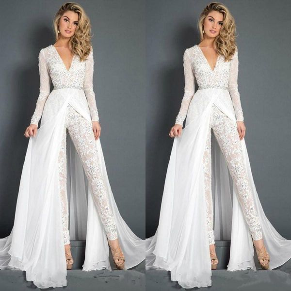white jumpsuits prom dresses lace deep v neck detachable train evening party gowns long sleeve beach special occasion pants wear, Black
white jumpsuits prom dresses lace deep v neck detachable train evening party gowns long sleeve beach special occasion pants wear, Black