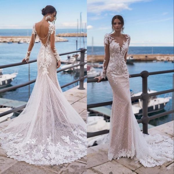 elegant beaded lace backless mermaid wedding dresses v neck applique backless bridal gowns sweep train long sleeve custom made, White
elegant beaded lace backless mermaid wedding dresses v neck applique backless bridal gowns sweep train long sleeve custom made, White