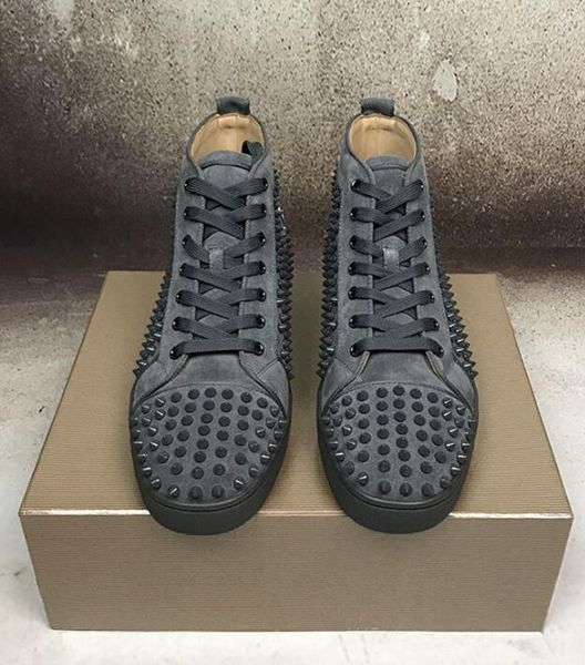 2019 elegant designer grey suede with spikes red bottom sneakers shoes luxury high rivets casual walking dust bag,eu35-46, Black
2019 elegant designer grey suede with spikes red bottom sneakers shoes luxury high rivets casual walking dust bag,eu35-46, Black