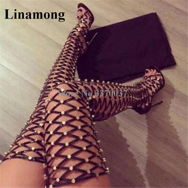 women open toe cage design over knee gold rivet gladiator boots cut-out thigh long high heel boots nightclub shoes, Black
women open toe cage design over knee gold rivet gladiator boots cut-out thigh long high heel boots nightclub shoes, Black