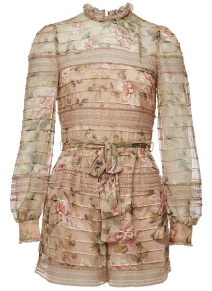 women self-tie belt fleeting pintuck printed silk chiffon playsuit, Black;white 
women self-tie belt fleeting pintuck printed silk chiffon playsuit, Black;white