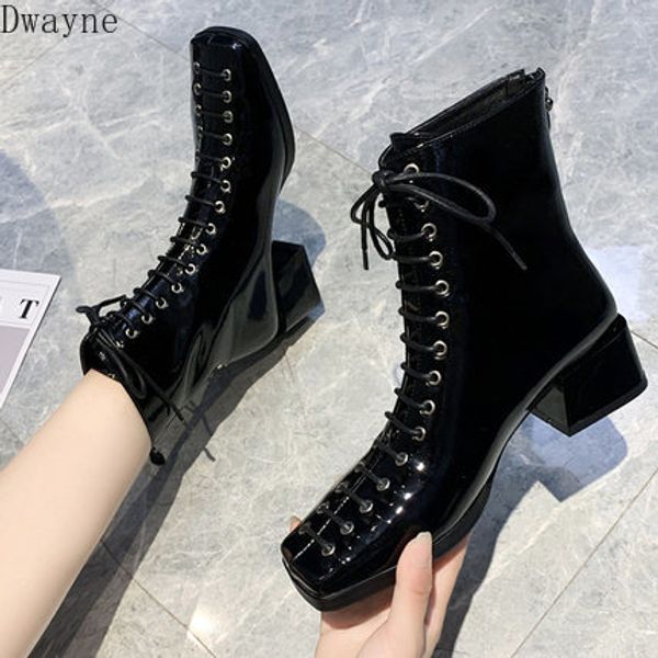 2019 autumn and winter new boots female british wind blue women's boots thick with patent leather square ankle, Black
2019 autumn and winter new boots female british wind blue women's boots thick with patent leather square ankle, Black