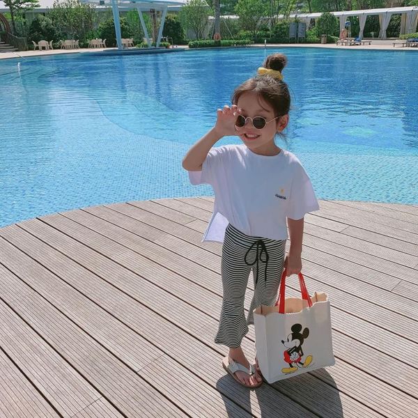 summer new arrival korean style clothing sets embroidery flower short sleeve t-shirt with striped flared pants for fashion girls, White
summer new arrival korean style clothing sets embroidery flower short sleeve t-shirt with striped flared pants for fashion girls, White