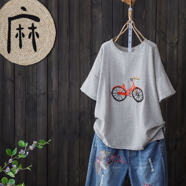 tee shirt short sleeve striped cotton and linen summer style o-neck embroidery bicycle sweet students casual tshirt women, White
tee shirt short sleeve striped cotton and linen summer style o-neck embroidery bicycle sweet students casual tshirt women, White
