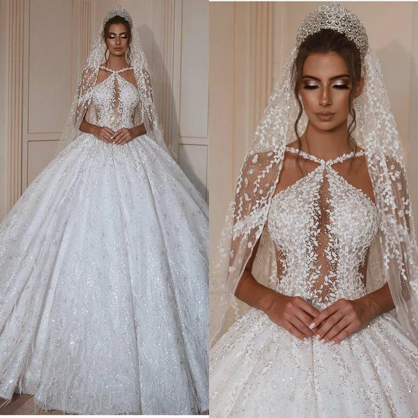 2020 luxury ball gown wedding dresses spaghetti strap sleeveless beaded appliqued sequins bridal gown ruffle sweep train robes de mariée, White
2020 luxury ball gown wedding dresses spaghetti strap sleeveless beaded appliqued sequins bridal gown ruffle sweep train robes de mariée, White