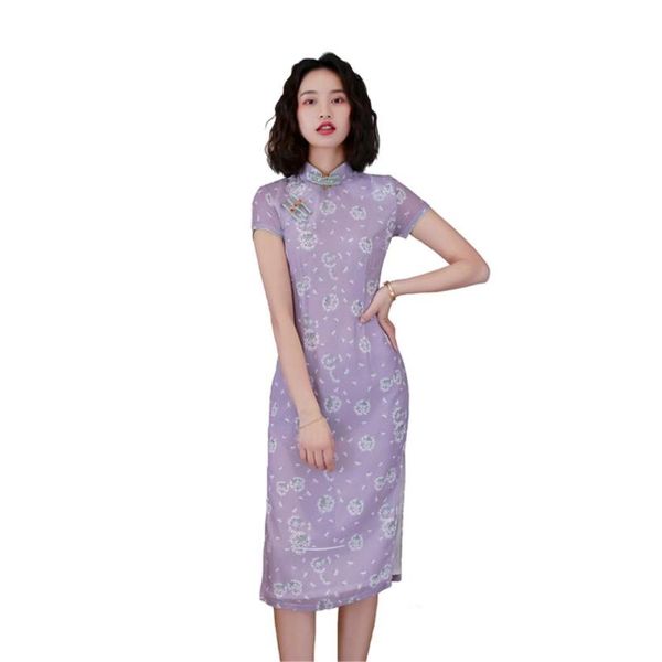 shanghai story short sleeve chinese dress faux silk cheongsam knee length chiffon qipao with lining, Red