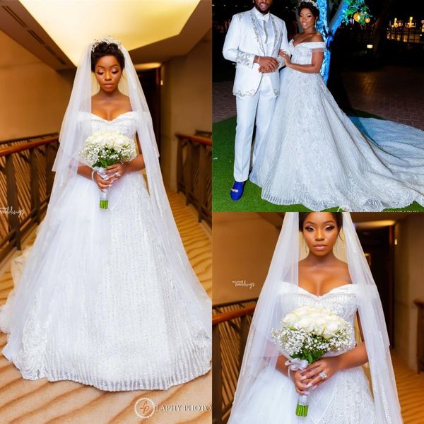luxury sparkly sequined a-line wedding dresses vintage off the shoulder chapel train plus size bridal gown with tassels, White
luxury sparkly sequined a-line wedding dresses vintage off the shoulder chapel train plus size bridal gown with tassels, White