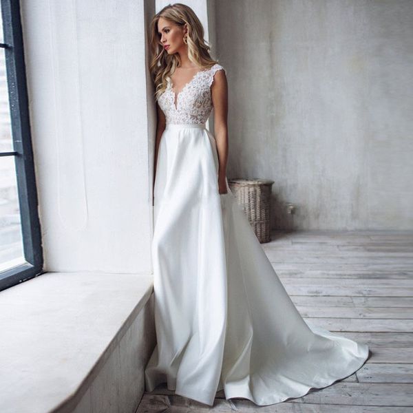 open back wedding dresses deep v neck lace satin a line sweep train 20202 spring summer bridal gowns custom size plus289v, White
open back wedding dresses deep v neck lace satin a line sweep train 20202 spring summer bridal gowns custom size plus289v, White