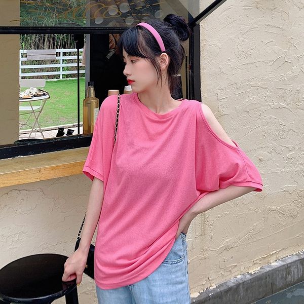 ins medium and long loose base women's 2020 shoulder strap t-shirt shirt simple round collar strapless half sleeve t-shirt, White 
ins medium and long loose base women's 2020 shoulder strap t-shirt shirt simple round collar strapless half sleeve t-shirt, White