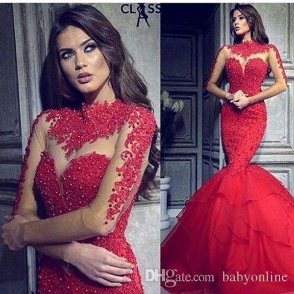 Sexy Illusion Long Sleeves Red Evening Dresses Arabic Mermaid High Neck with Appliqued Beaded Long Ruched Formal Party Celebrity Gowns
Sexy Illusion Long Sleeves Red Evening Dresses Arabic Mermaid High Neck with Appliqued Beaded Long Ruched Formal Party Celebrity Gowns