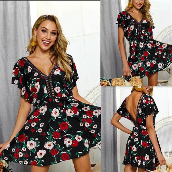 dresses short sleeve backless fashion women dresses v neck womens flora printed, Black;gray
dresses short sleeve backless fashion women dresses v neck womens flora printed, Black;gray