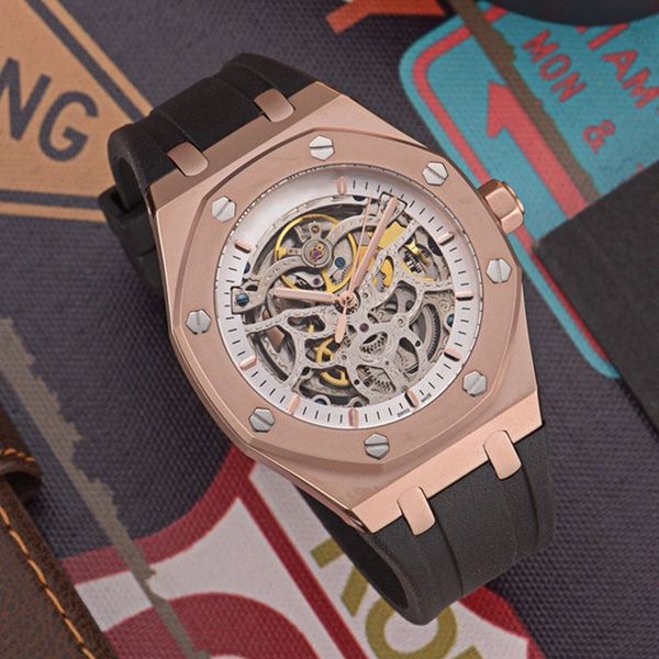luxury mens watches automatic mechanical movement 316l stainless steel case stencil movement rose gold face black strap with watch box, Slivery;brown
luxury mens watches automatic mechanical movement 316l stainless steel case stencil movement rose gold face black strap with watch box, Slivery;brown