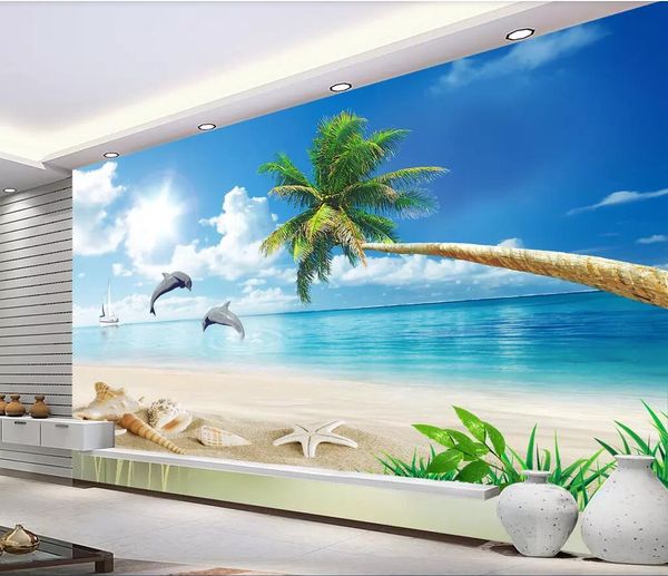 

3d wallpaper custom p mural a high-definition coconut tree sea view scenery tv background wall landscape 3d home improvement