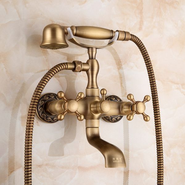 impeu wall-mount two handles bathtub faucet with hand shower, handheld shower bracket, antique bronze finish
impeu wall-mount two handles bathtub faucet with hand shower, handheld shower bracket, antique bronze finish