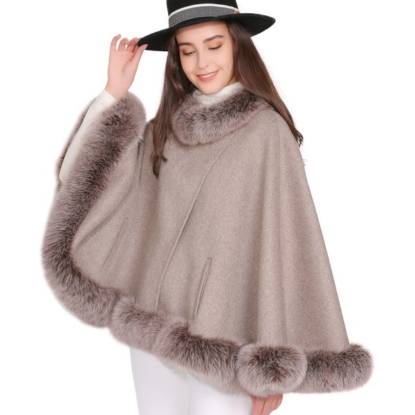 women coat wool cashmere cloak round fur collar 2 pockets jackets solid color cape female short cashmere poncho spring, Black
women coat wool cashmere cloak round fur collar 2 pockets jackets solid color cape female short cashmere poncho spring, Black