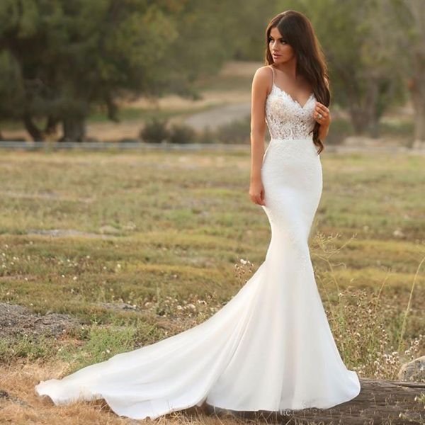 Gorgeous Satin Mermaid Wedding Dress with Lace Spaghetti Strap Backless Illusion Bridal Gown Modest Simple Reception Dress for Bride
Gorgeous Satin Mermaid Wedding Dress with Lace Spaghetti Strap Backless Illusion Bridal Gown Modest Simple Reception Dress for Bride