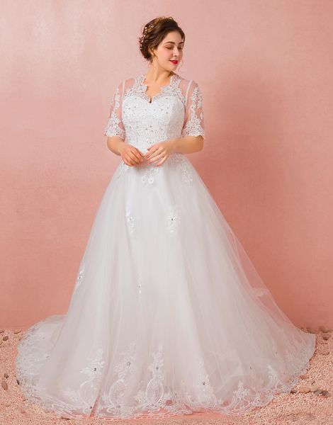 plus size a line lace wedding dresses with half sleeves new arrival sheer long princess bridal gowns winter crystal appliques dh390, White
plus size a line lace wedding dresses with half sleeves new arrival sheer long princess bridal gowns winter crystal appliques dh390, White