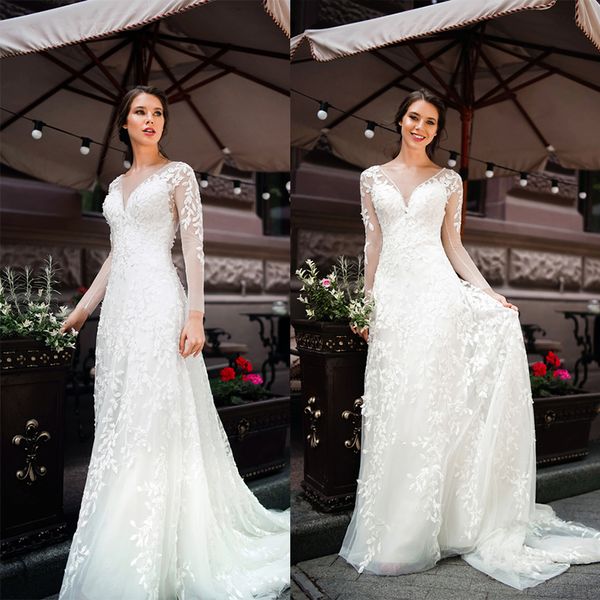 a line wedding dresses sheer v neck lace appliques bridal gowns long sleeve sweep train wedding dress, White
a line wedding dresses sheer v neck lace appliques bridal gowns long sleeve sweep train wedding dress, White