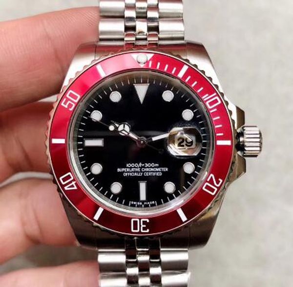 40mm automatic jubilee bracelet mens watches watch red bezel black dial with a ceramic ring luminous hands and dot hour markers, Slivery;brown 
40mm automatic jubilee bracelet mens watches watch red bezel black dial with a ceramic ring luminous hands and dot hour markers, Slivery;brown