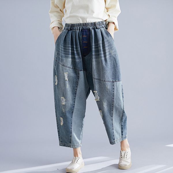 johnature autumn vintage ripped jeans for women 2019 new casual loose elastic waist harem pants korean comfortable denim pants, Blue
johnature autumn vintage ripped jeans for women 2019 new casual loose elastic waist harem pants korean comfortable denim pants, Blue
