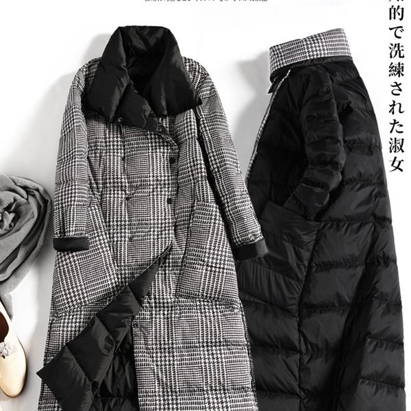 plaid double-sided down parkas jacket women's mid length over knee wear long vintage mock neck simple warm coat, Black
plaid double-sided down parkas jacket women's mid length over knee wear long vintage mock neck simple warm coat, Black