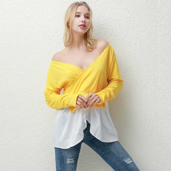 women casual long sleeves deep-v neck off shoulder irregular stitching t-shirt fashion autumn clothes 2020 new style, White
women casual long sleeves deep-v neck off shoulder irregular stitching t-shirt fashion autumn clothes 2020 new style, White