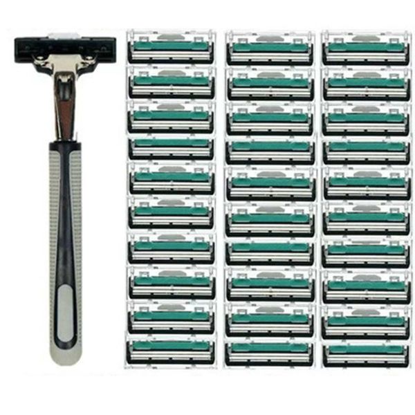 

1 handle 30pcs double layers men face shaving razors blades male manual razor blades for standard beard shaver trimmer