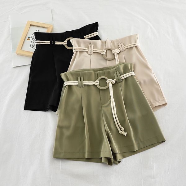 

2019 summer women high waist belted shorts wide leg short pants korean fashion short trousers with belt summer female bermuda, White;black