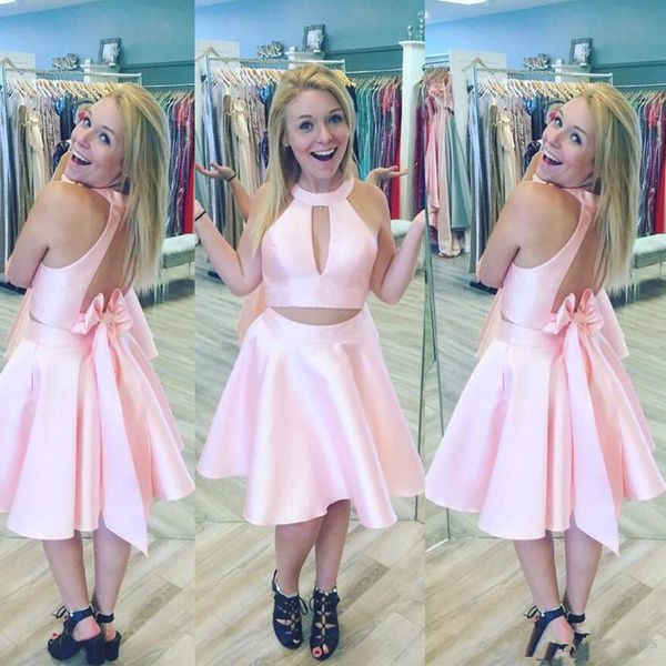 pink two piece a line homecoming dresses jewel neck sleeveless backless satin knee length cocktail party dresses with bow, Blue;pink
pink two piece a line homecoming dresses jewel neck sleeveless backless satin knee length cocktail party dresses with bow, Blue;pink