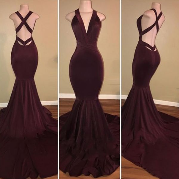 wholesale-vintage deep v neck burgundy mermaid prom dress sweep train backless sleeveless velvet evening dress robes de soirée, Black
wholesale-vintage deep v neck burgundy mermaid prom dress sweep train backless sleeveless velvet evening dress robes de soirée, Black