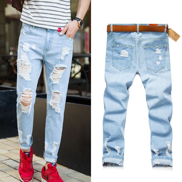 ins over the fire with holes jeans male student's skinny korean-style trend capri ripped jeans boy's fashion pants, Blue
ins over the fire with holes jeans male student's skinny korean-style trend capri ripped jeans boy's fashion pants, Blue
