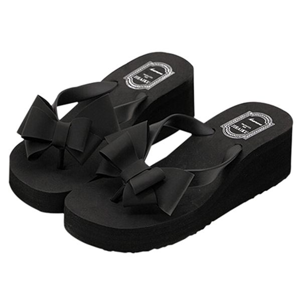 women platform mid heel flip flops beach sandals bowknot slippers shoes summer beach flip flops sandals women's slippers, Black