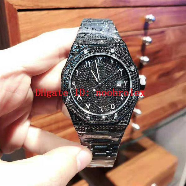 wx new royal diamond oak mens watch swiss automatic movement 28800 vph black plated 316l stainless steel full black diamond watch sapphire, Slivery;brown