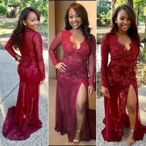 south africa 2019 wine deep v neck mermaid prom dresses plus size lace see through long sleeve high slits beaded evening gowns, Black;red
south africa 2019 wine deep v neck mermaid prom dresses plus size lace see through long sleeve high slits beaded evening gowns, Black;red