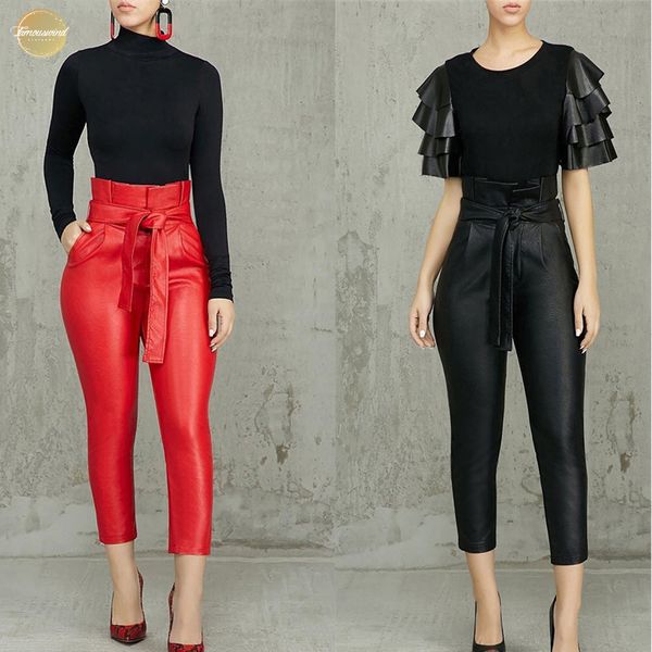 women new sashes high wasit ruffles faux leather pu ankle length pencil skinny pants trousers red black fashion glcx093, Black;white
women new sashes high wasit ruffles faux leather pu ankle length pencil skinny pants trousers red black fashion glcx093, Black;white
